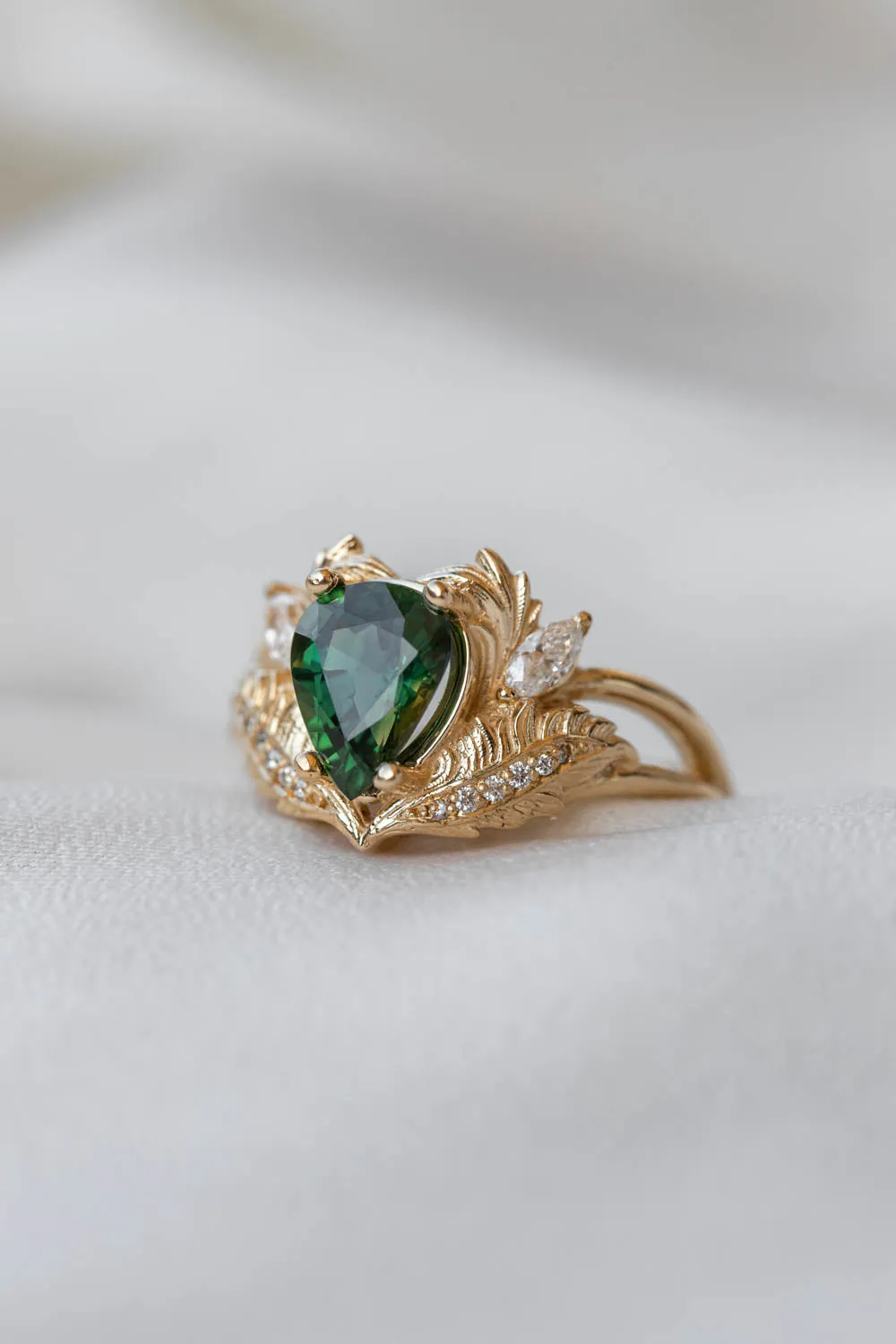 RESERVED: Adonis in 14K yellow gold, natural pear cut green sapphire 9x7 mm, diamonds, RING SIZE 6.75 US