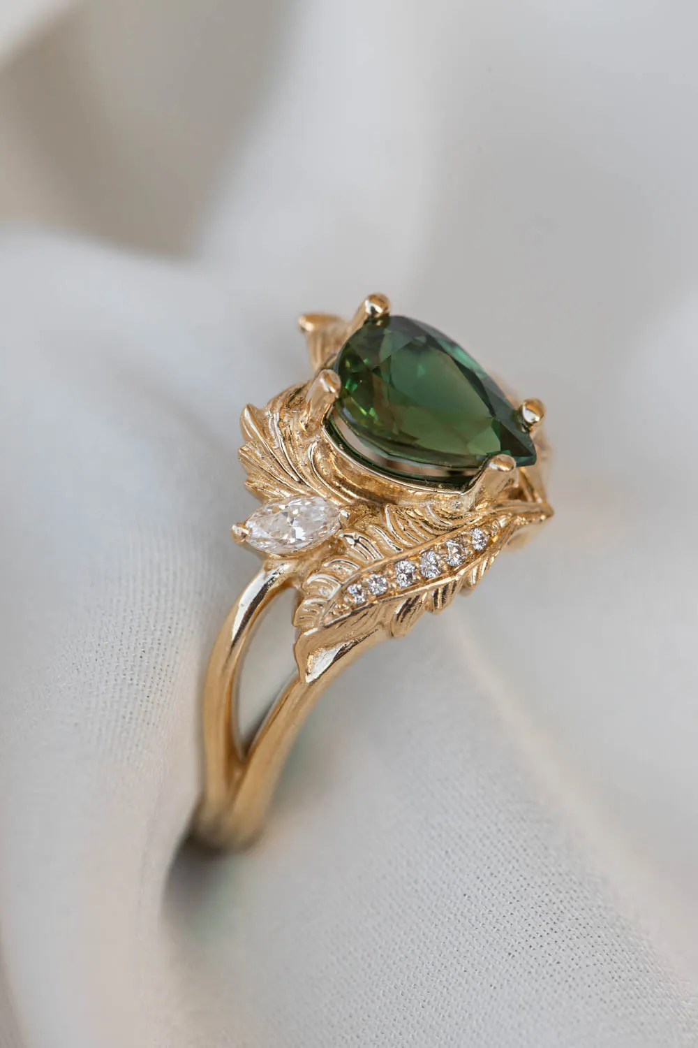 RESERVED: Adonis in 14K yellow gold, natural pear cut green sapphire 9x7 mm, diamonds, RING SIZE 6.75 US