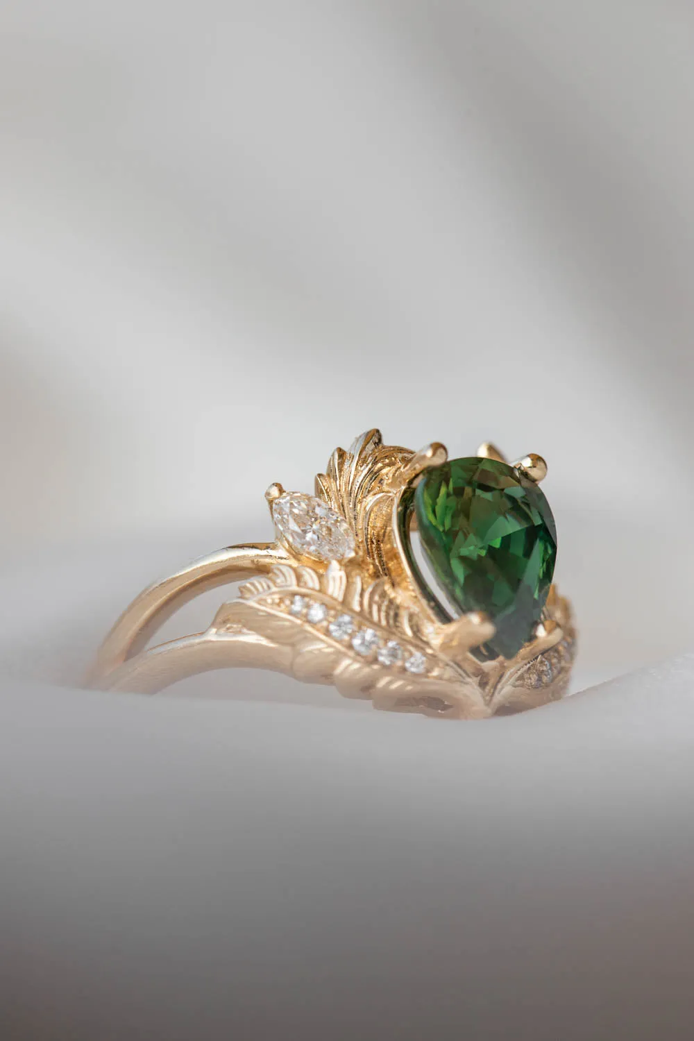 RESERVED: Adonis in 14K yellow gold, natural pear cut green sapphire 9x7 mm, diamonds, RING SIZE 6.75 US