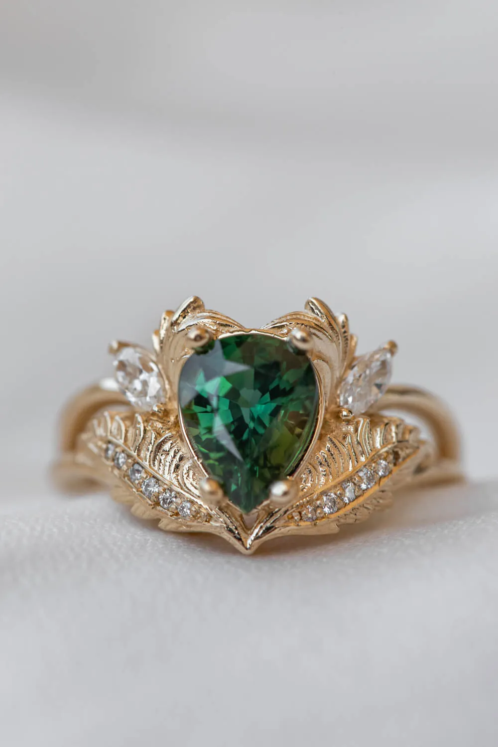 RESERVED: Adonis in 14K yellow gold, natural pear cut green sapphire 9x7 mm, diamonds, RING SIZE 6.75 US