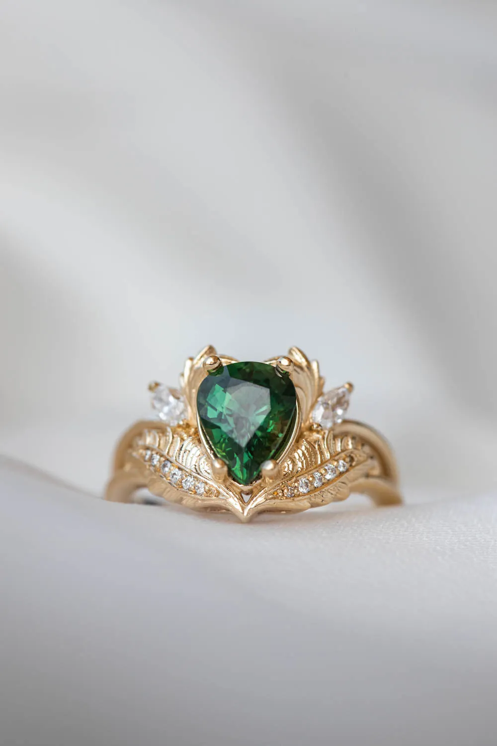 RESERVED: Adonis in 14K yellow gold, natural pear cut green sapphire 9x7 mm, diamonds, RING SIZE 6.75 US