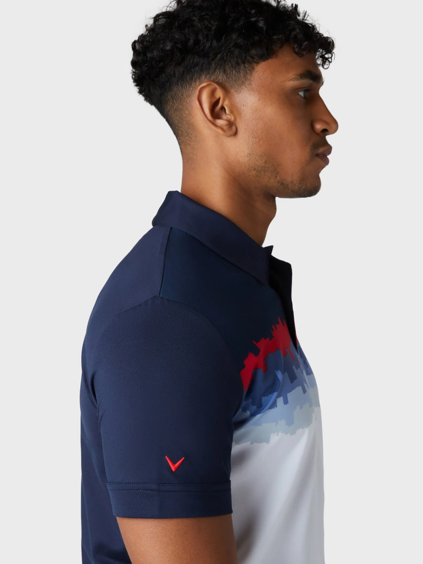 Short Sleeve Skyline Block Print Polo Shirt In Navy Blazer