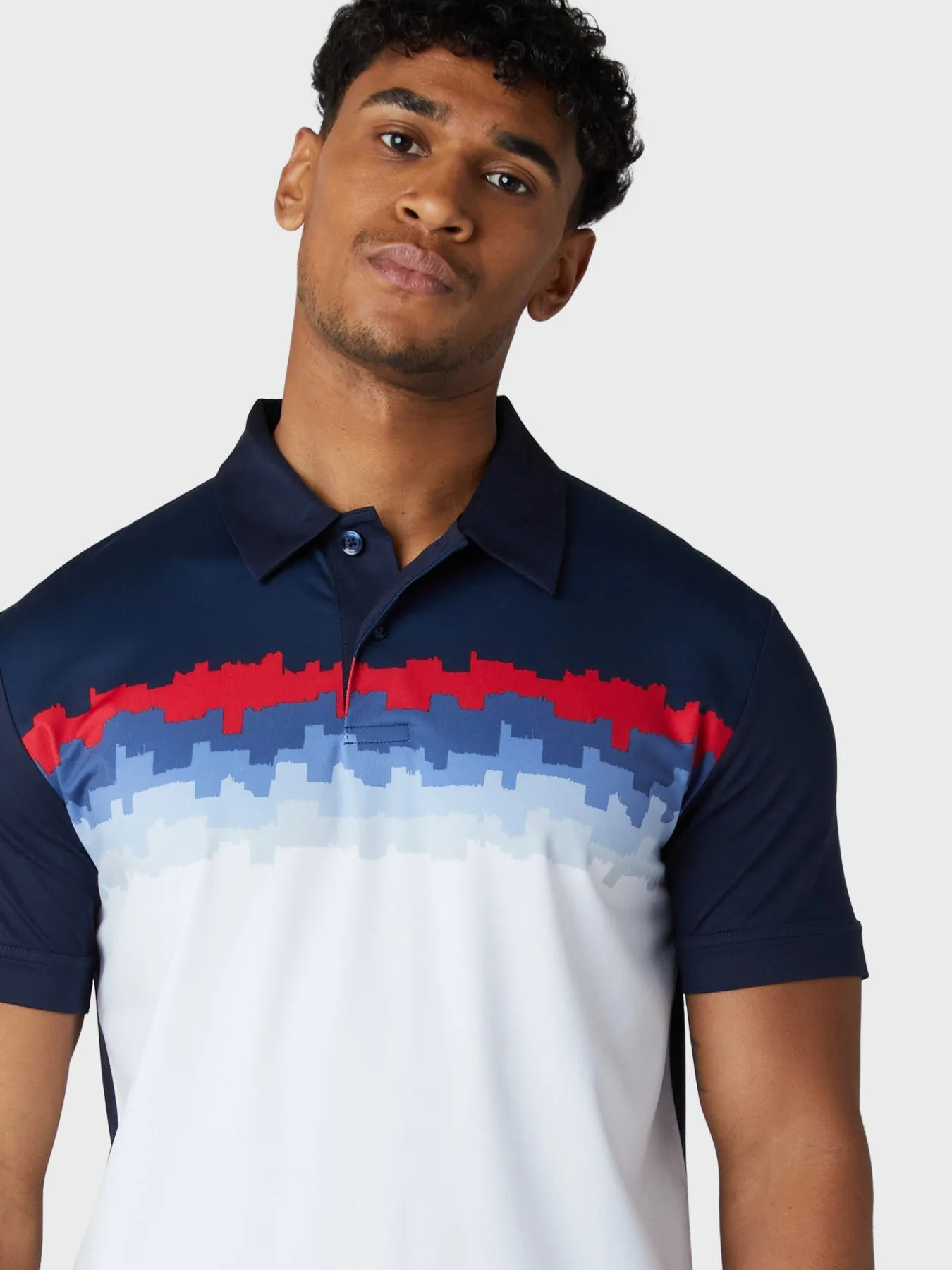 Short Sleeve Skyline Block Print Polo Shirt In Navy Blazer