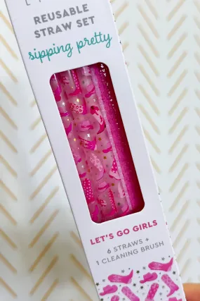 Swig Let's Go Girls   Pink Glitter Reusable Straw Set