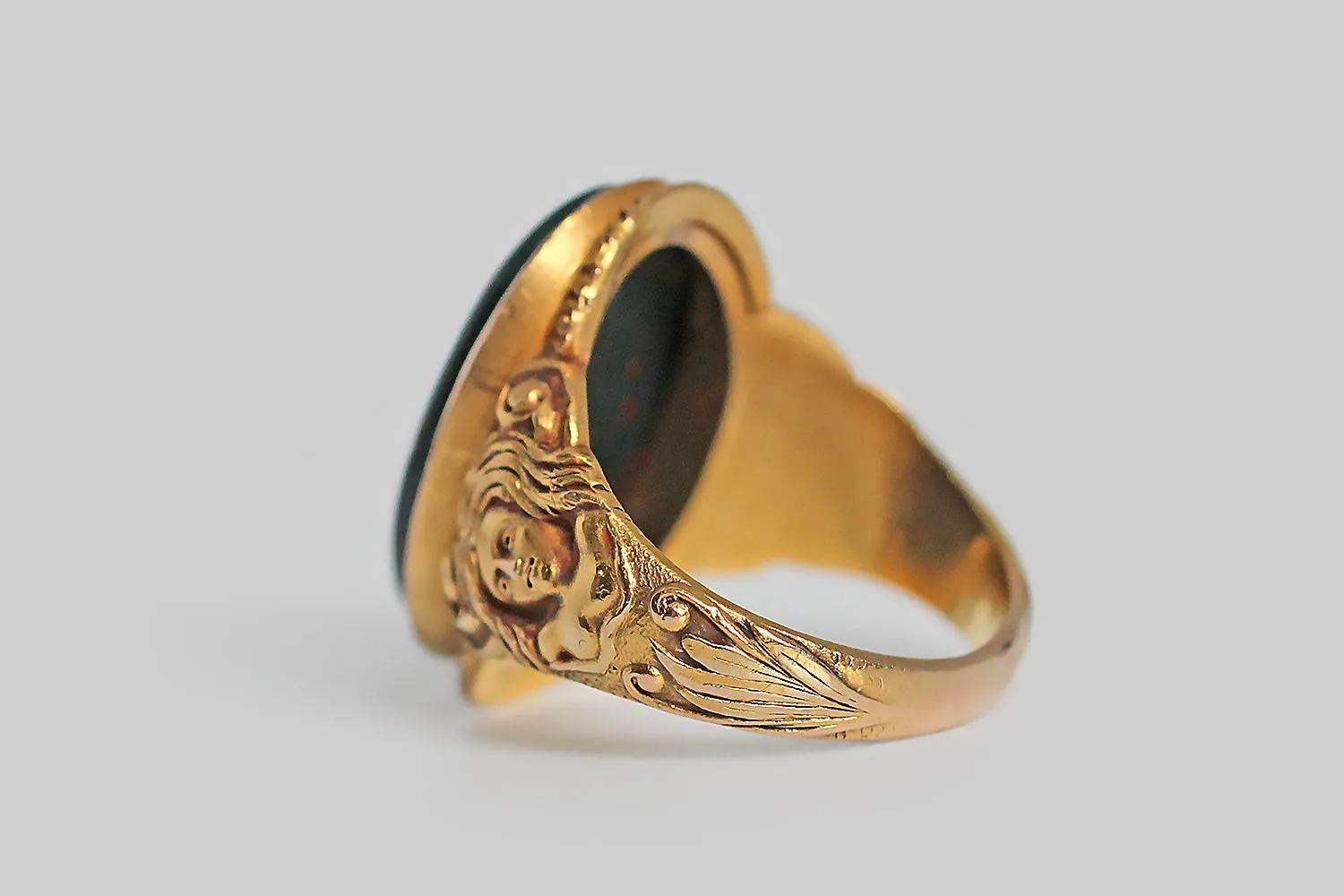 Victorian Era Myth of Daphne Bloodstone Ring with Nymphs in 14k Gold