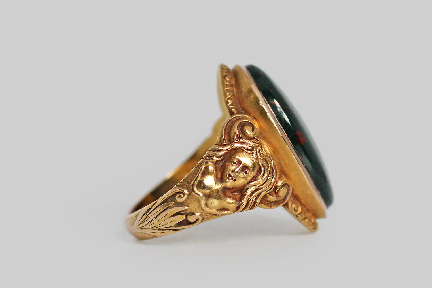 Victorian Era Myth of Daphne Bloodstone Ring with Nymphs in 14k Gold