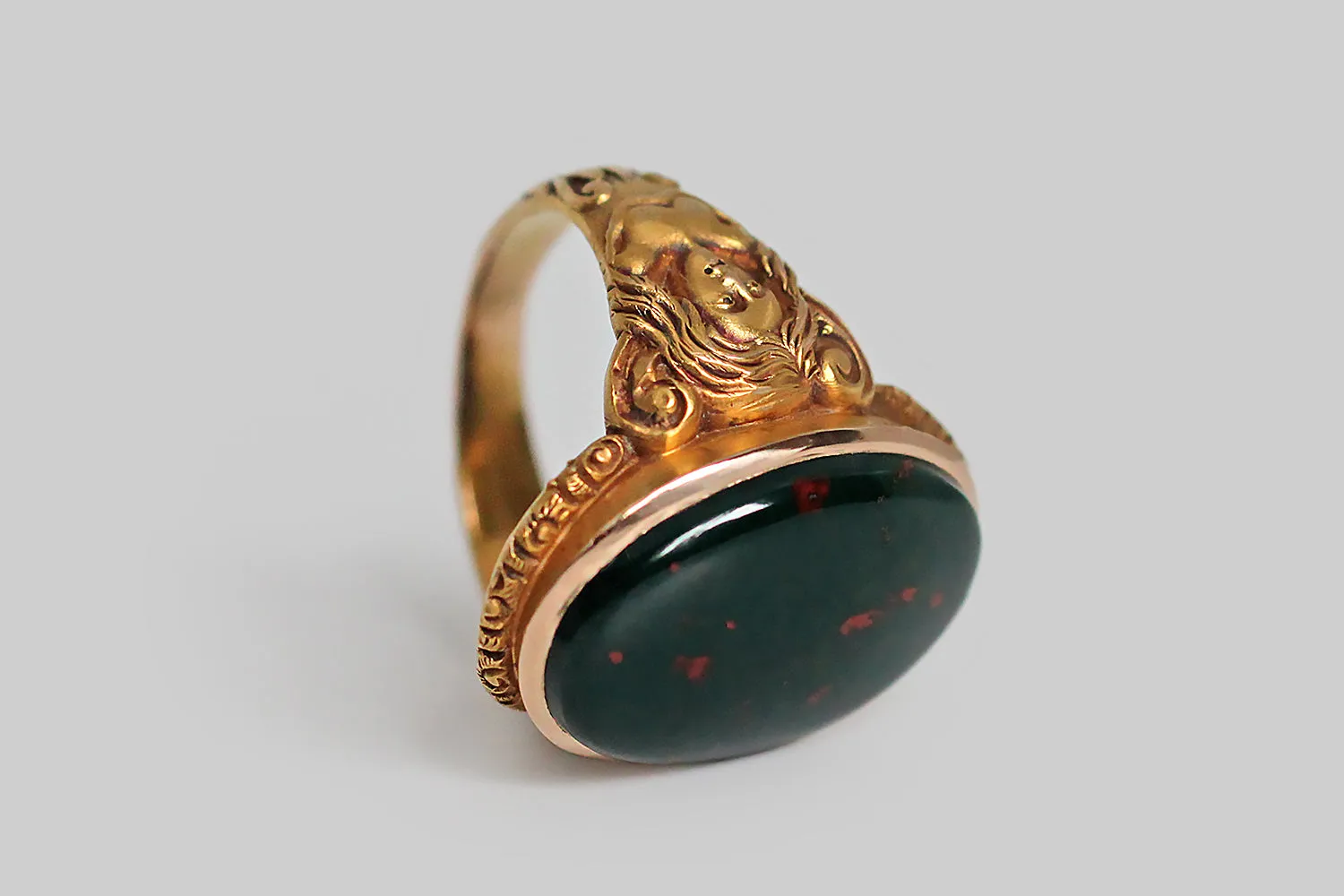 Victorian Era Myth of Daphne Bloodstone Ring with Nymphs in 14k Gold