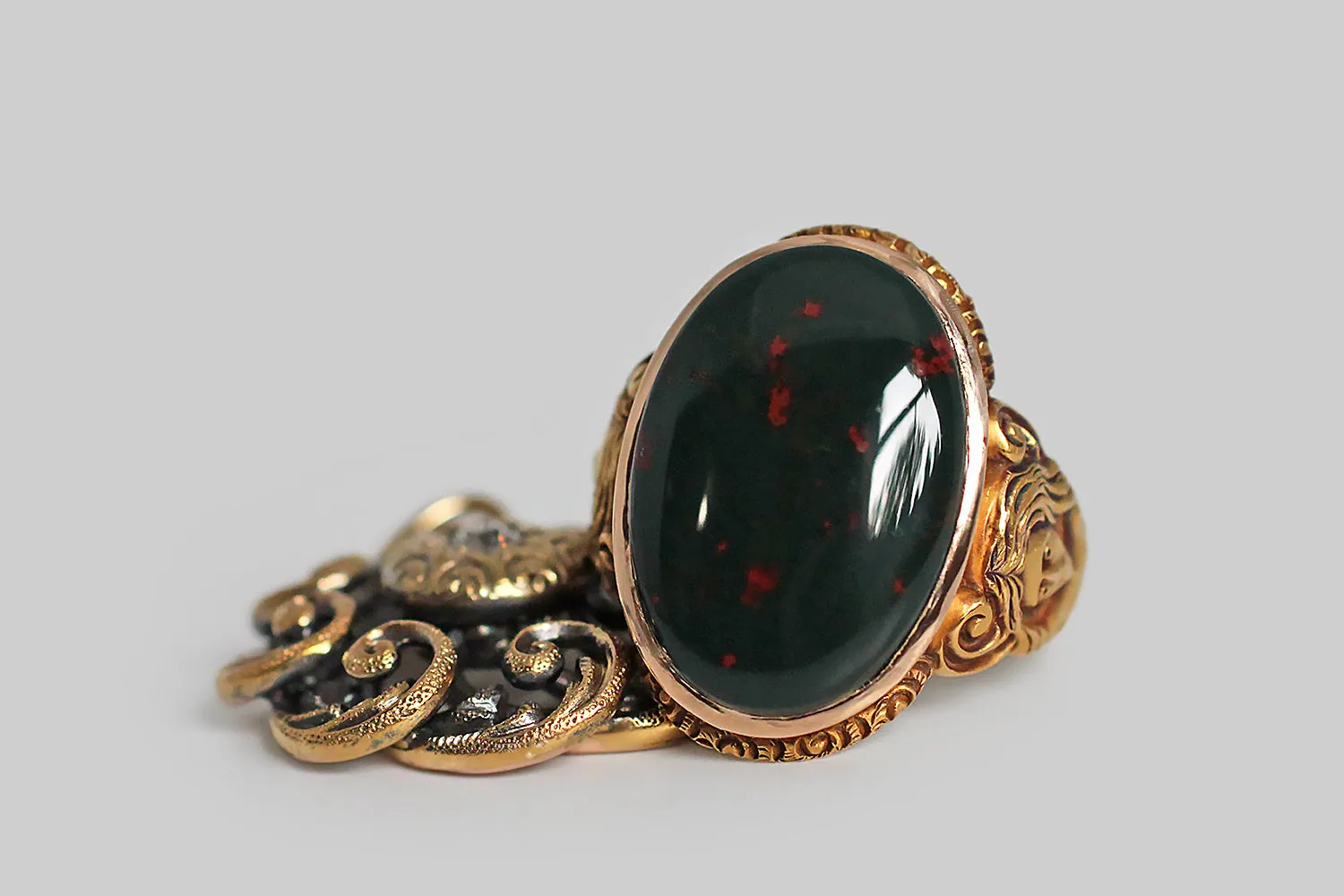 Victorian Era Myth of Daphne Bloodstone Ring with Nymphs in 14k Gold