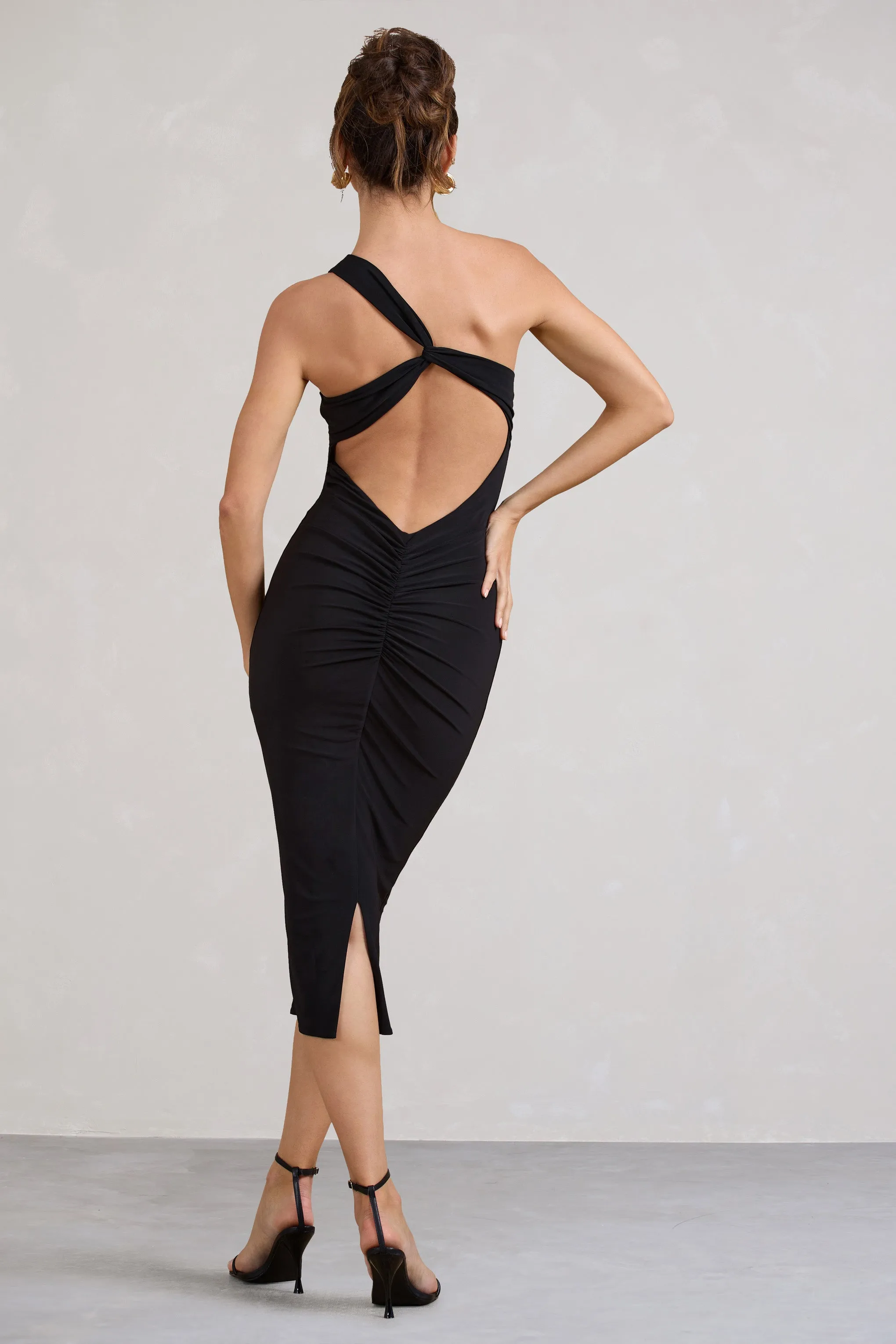 Vineyard | Black Asymmetric Backless Bodycon Midi Dress