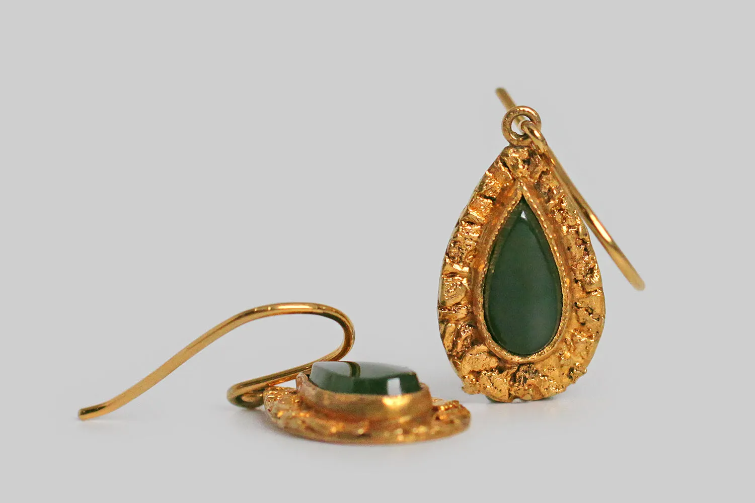 Vintage Nephrite Jade & Natural Gold Nugget Earrings in 10k Gold