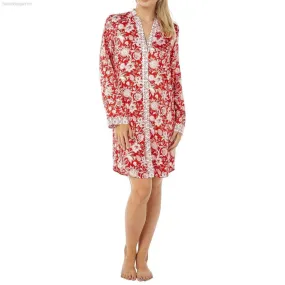 Women's Satin Nightshirt Button Down Printed Floral Navy and Red